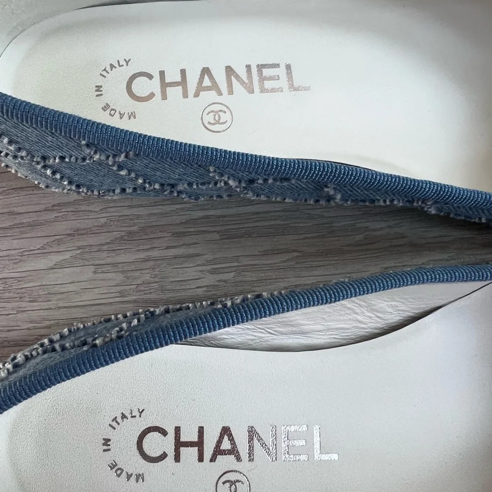 CHANEL Blue Denim and Black Cap-Toe Bow Flats
